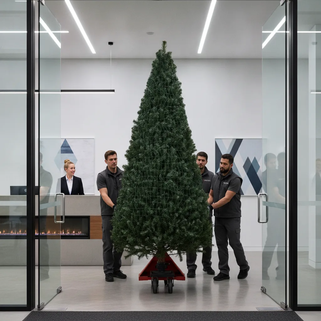 Sapin de Noël décoré installé dans le hall d'accueil d'une entreprise