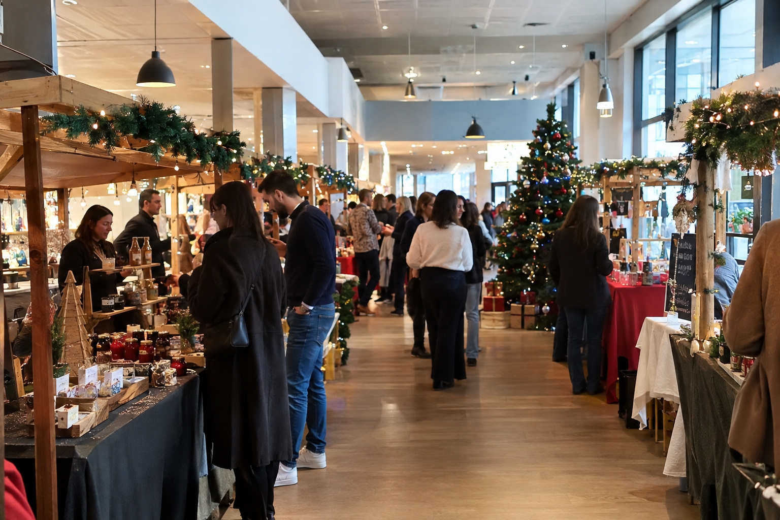 Salle de réception décorée pour Noël avec tables rondes, chaises en bois, étoiles lumineuses et sapins illuminés